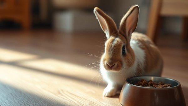 Curious rabbit looking at a food bowl indoors, picky eaters dog food.