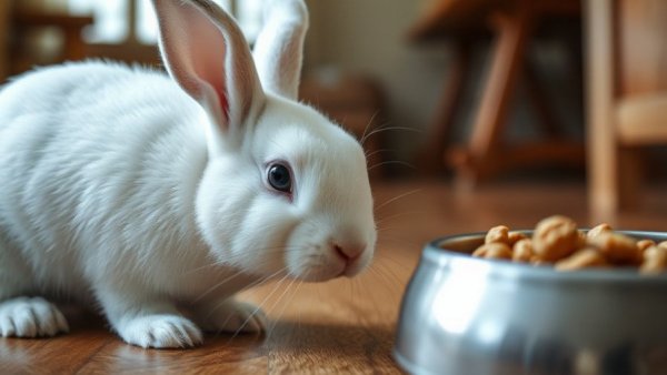 Curious rabbit inspects a bowl of kibble indoors.