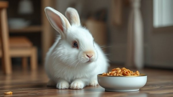 Adorable fluffy rabbit seated near food bowl, cozy indoor setting.