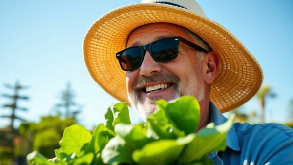 Middle-aged man holding leafy greens in a garden, extra plants for fresh vegetables.