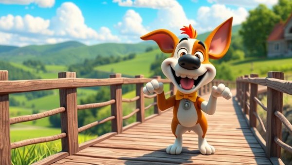 Funny pet cartoon of an animated dog on a bridge.