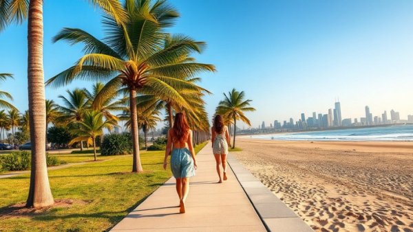 Two women enjoying a walk on a palm-lined path, perfect for family fitness activities.