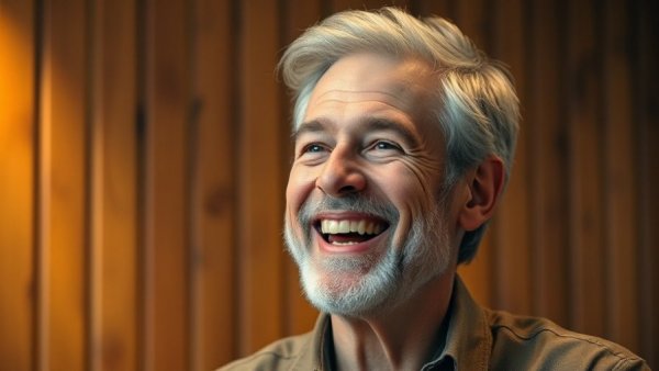 Confident speaker in a warmly lit setting with wooden background.