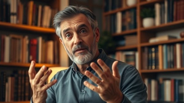 Thoughtful mature man explaining in a cozy indoor environment.