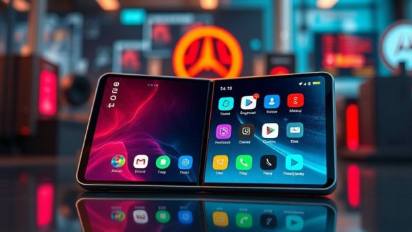 Futuristic Motorola Razr Fold open with vibrant display, warm lighting.