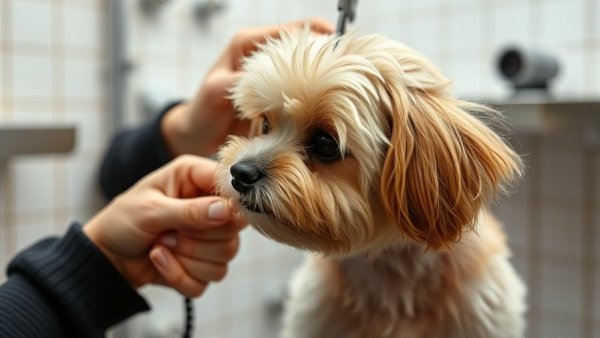 Dog grooming tips: precise trimming of furry ear in salon.