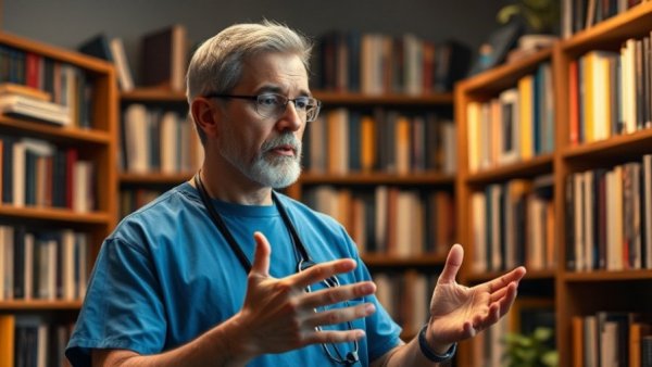 Man in blue scrubs discussing importance of vet visits
