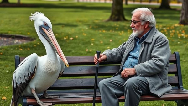 Elderly man chatting with a pelican on a park bench, funniest animals of 2026.