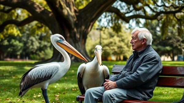 Humorous encounter between man and pelican in a park for funny pet stories.