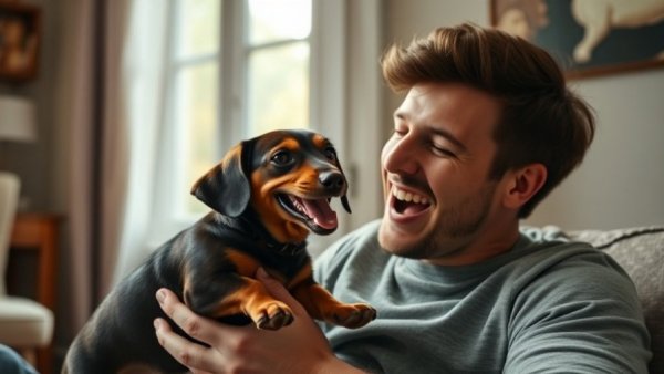 Young man joyfully holding dachshund puppy indoors, smiling, dachshund puppy clothing behavior.