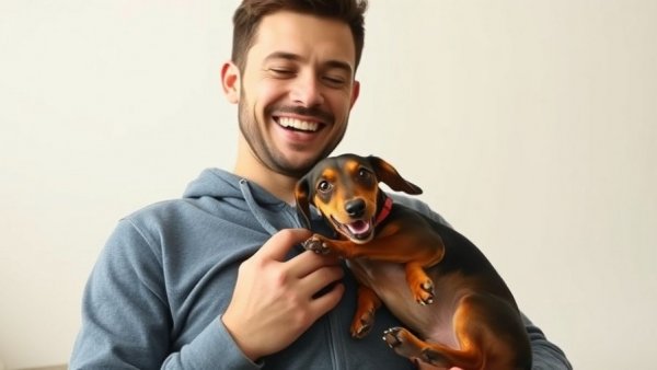 Dachshund puppy tugging on man's shirt.