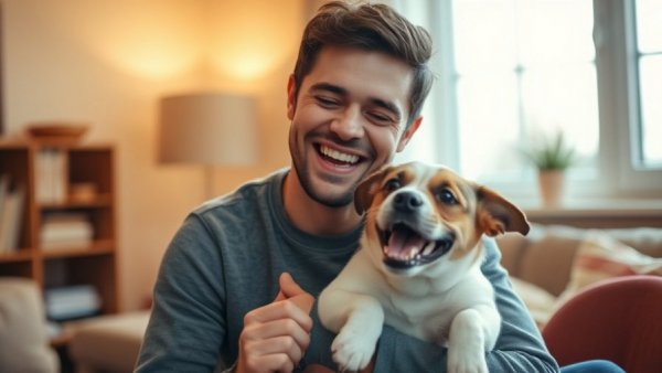 Funny dog moment with playful young man indoors