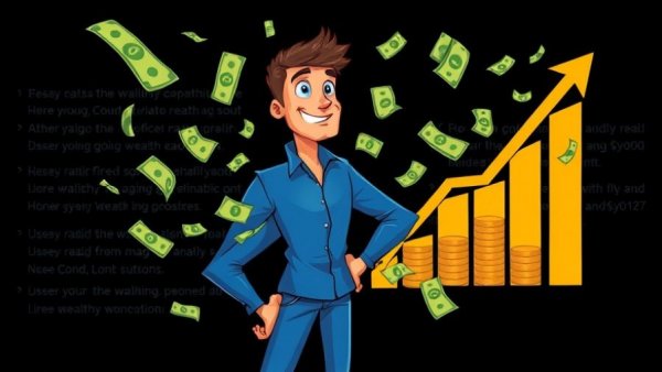 Stylized person with wealth growth chart and money, dark background.
