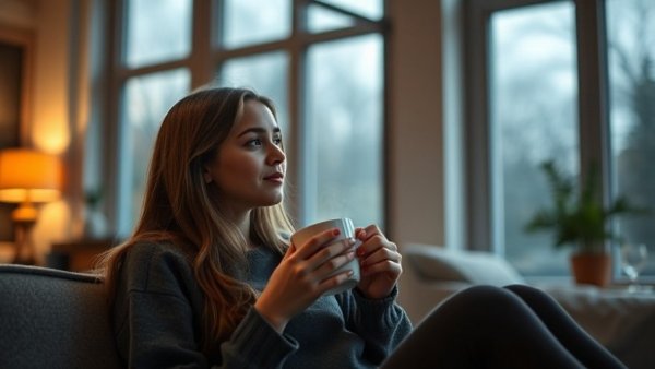 Holistic Living: Woman enjoying peaceful moment with warm drink.