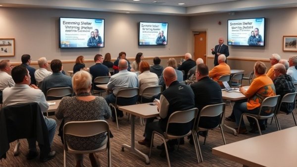 Springfield warming shelters need volunteers informational slide in community meeting room.