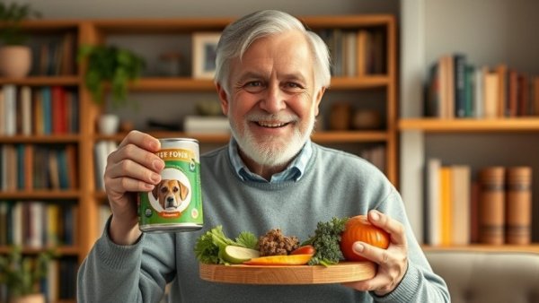 Older man holding healthy dog food can in a cozy room.