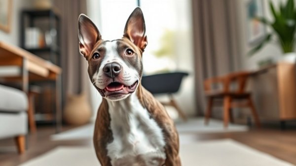Bull Terrier's funny antics sitting with a comical expression indoors.