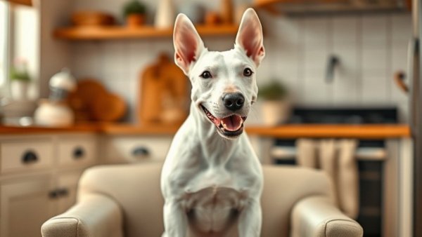 Funny Bull Terrier antics in playful indoor scene.