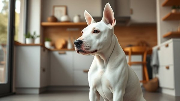 Adorable bull terrier sitting indoors, perfect for pet funniest videos.