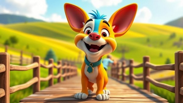 Pet cartoon for kids featuring colorful animated animal smiling on a bridge.