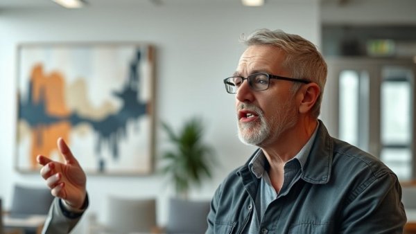 Man discussing AI revolution facts in modern office setting