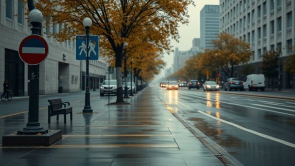 Urban street scene during seasonal change with autumn trees and signs.