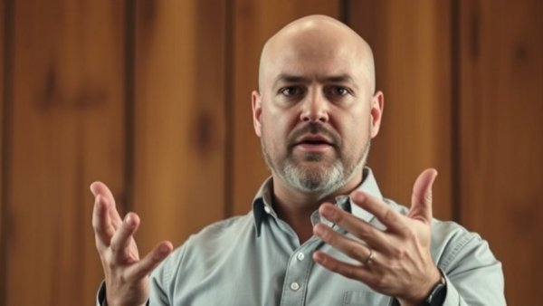 Bald man discusses AI trends in ad creation, cinematic setting.