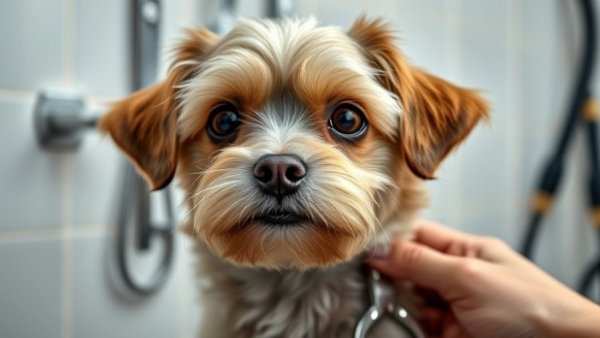 Calm small dog in grooming salon showcasing dog grooming tips.