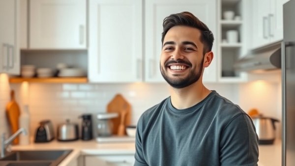 Smiling person in modern kitchen with appliances, learning how to take care of a dog.