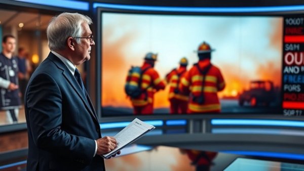 News anchor reporting on firefighting with screen showing firefighters.