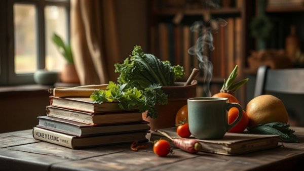 Mindful eating concept with books and fresh vegetables.