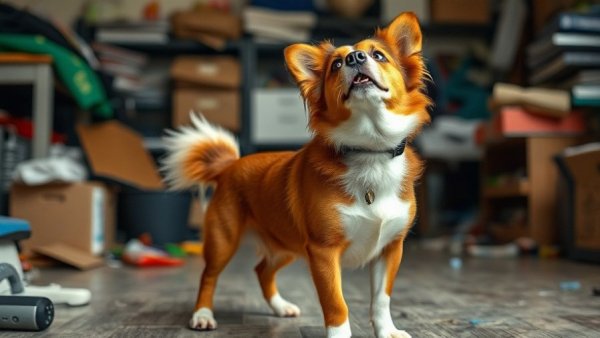 Playful dog indoors preventing humans from leaving.
