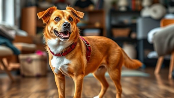 Funny dog moment in room, brown dog wearing red harness.