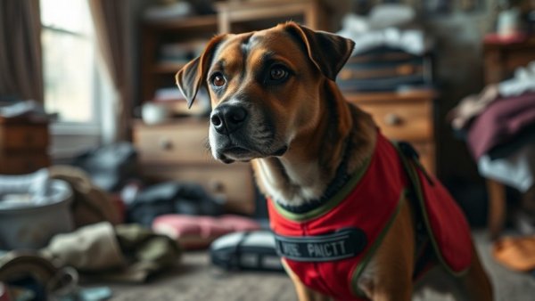 Dog with separation anxiety in a cluttered room
