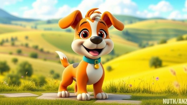 Playful pet cartoon for kids featuring a colorful animated dog in a countryside setting.