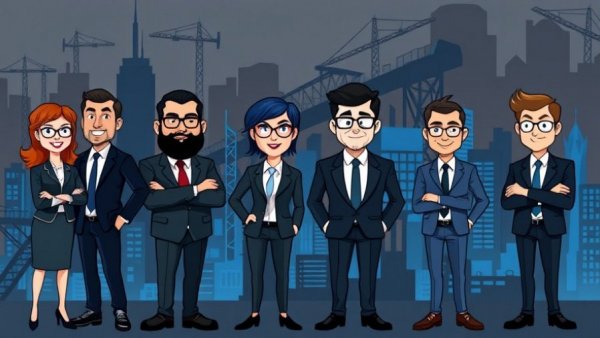 Business professionals illustrating levels of ownership in real estate, cartoon style.