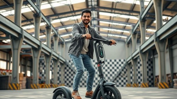 Person riding Segway Myon Electric Bike indoors with smile.