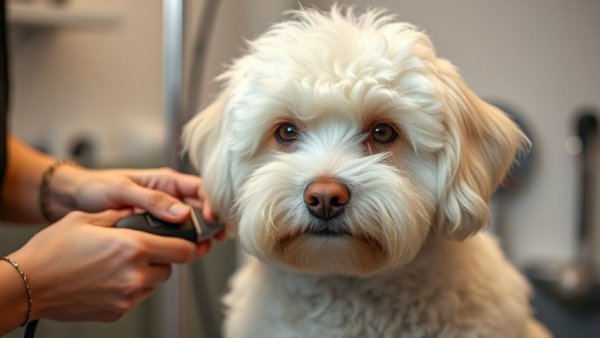 Fluffy white dog enjoying grooming, Dog Grooming Tips