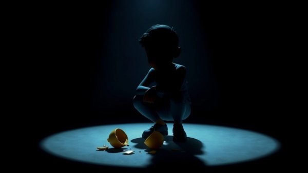 Cartoon figure with broken piggy bank, highlighting financial struggle.