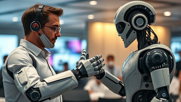 Robot handshake technology showcased at a conference.