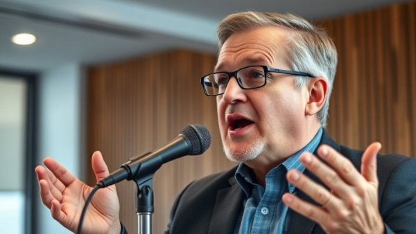 Middle-aged man discussing entrepreneurship in a modern setting.