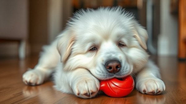 Fluffy white dog chewing toy for home remedy for behaviour issues in pets.