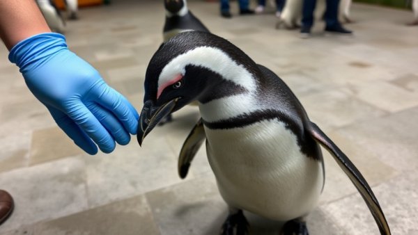 Penguin playfully interacting with a person at a zoo.