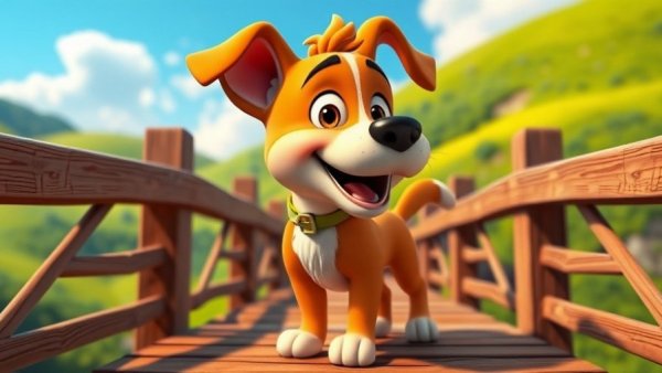 Funny pet cartoon with colorful dog on bridge in vibrant setting.
