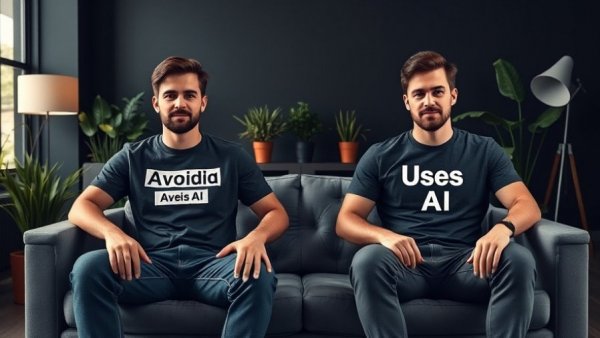 Digital marketing strategies depicted with two men labeled 'Avoids AI' and 'Uses AI'.