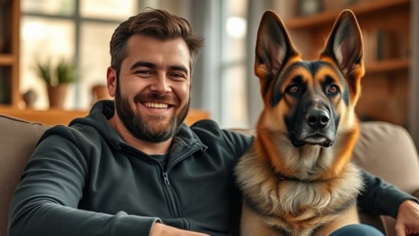 Man with dog discussing dog bite incidents indoors, smiling.