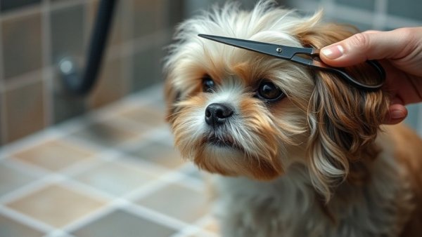 Dog grooming tips: Fluffy dog being carefully groomed with scissors.