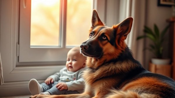 Gentle German Shepherd and baby sharing a peaceful moment.