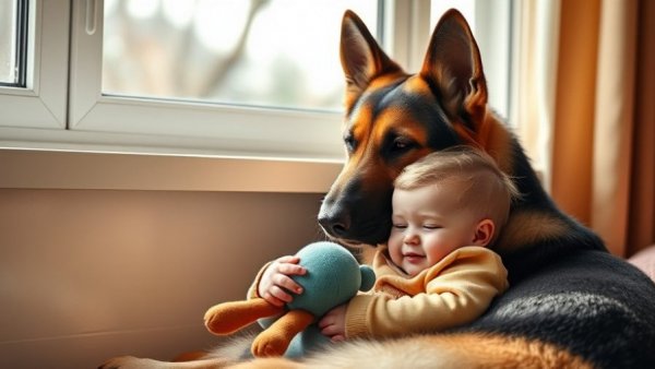 Protective big dog watching over baby by window.