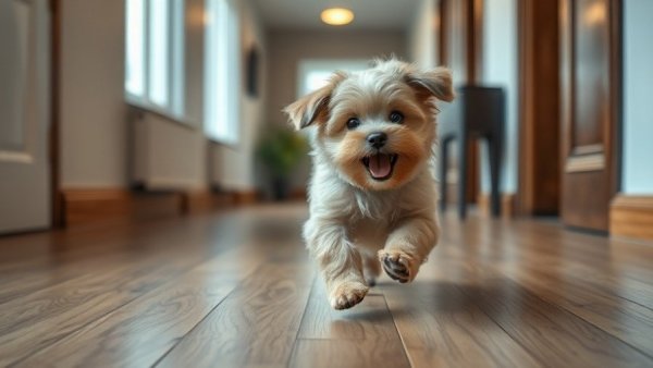 Funny moment of small fluffy dog running indoors on wooden floor.